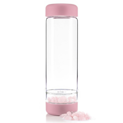 VitaJuwel INU! Glass Crystal Water Bottle, Blossom Rose with Rose Quartz