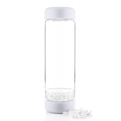 VitaJuwel INU! Glass Crystal Water Bottle, Cloud White with Clear Quartz