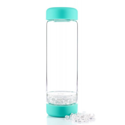 VitaJuwel INU! Glass Crystal Water Bottle, Ocean Blue with Clear Quartz